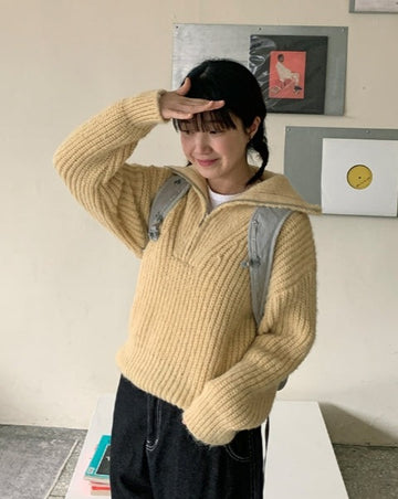 Eponde wool hachi half-zip collar knit